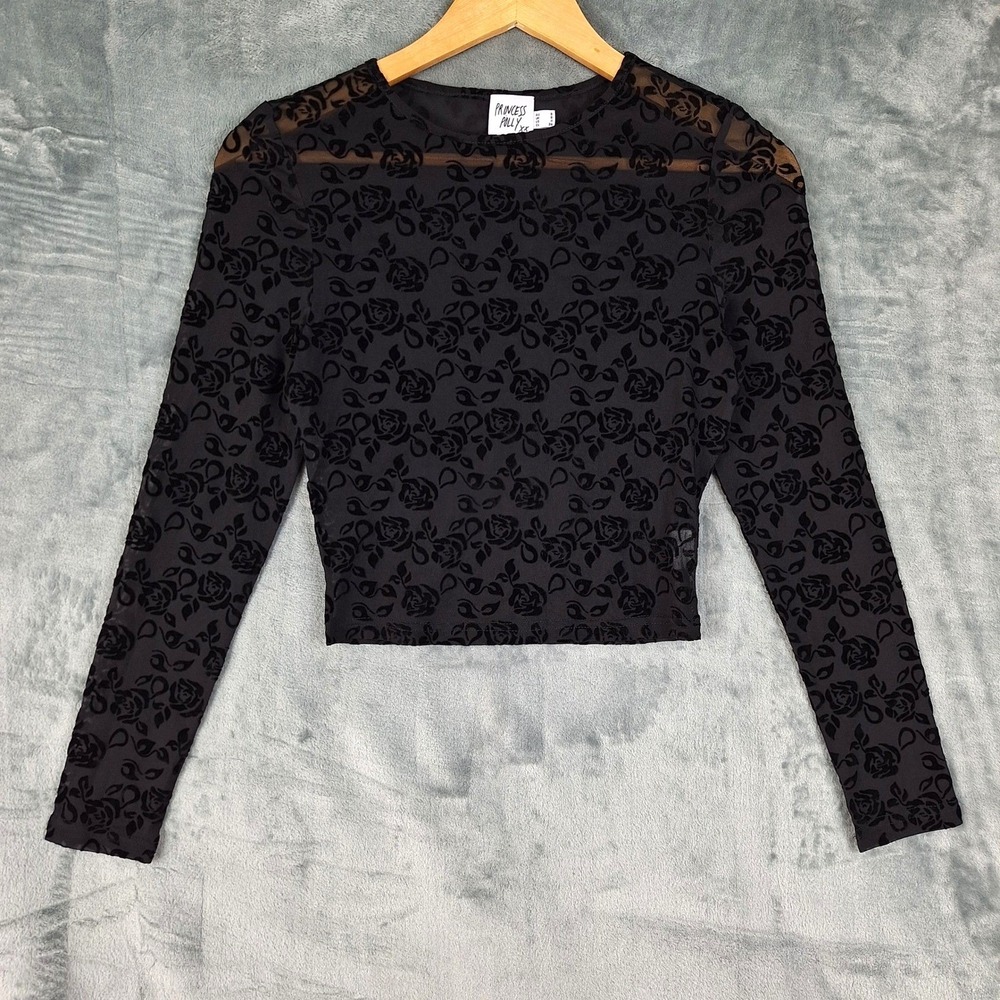 Womens Top 4 Black Whimsigoth Sheer Floral Fairy Grunge Velvet Burnout Cropped